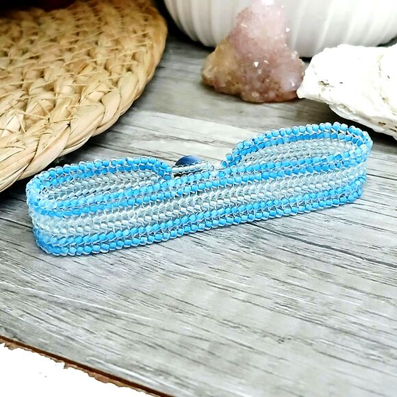 Boho Beaded Gemstone Bracelet, Blue Lace Agate Seed Bead Jewelry. 7" - Picture 4 of 11